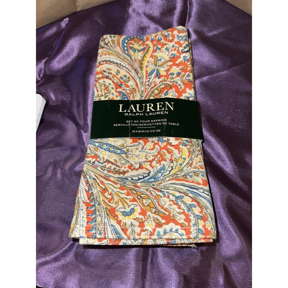 Ralph Lauren Napkins 4 Set Cotton Paisley 20x20"  Orange/ Green/yellow